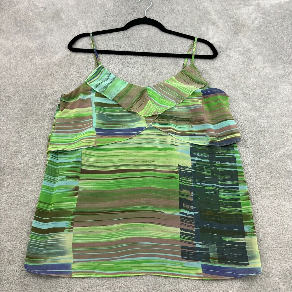 CAbi Spaghetti Strap Flutter Tiered Babydoll Top Womens M Green Brown Stripe Y2K